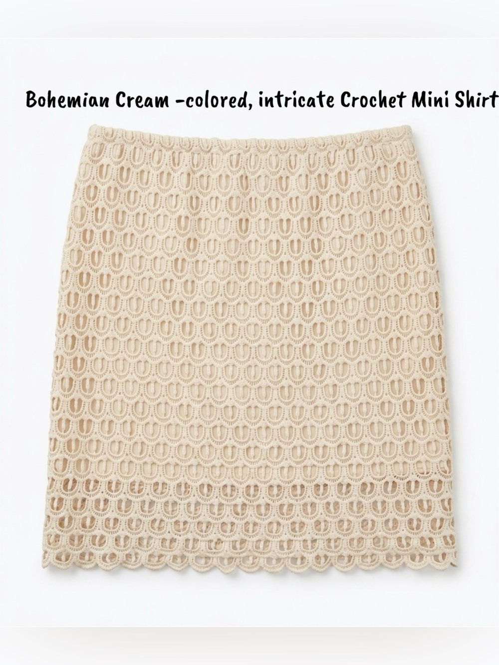 Bohemian Cream-colored, intricate Crochet Mini Shirt with scalloped Hemline